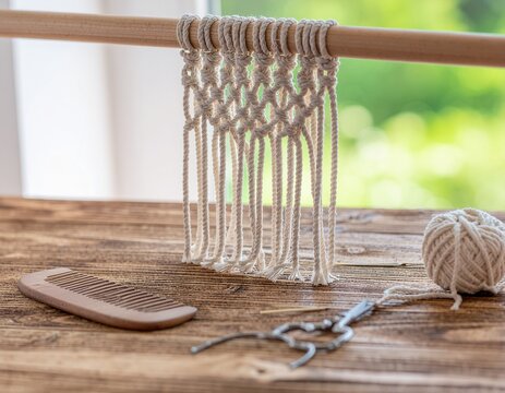 Macram&eacute; Knotting Project on Wooden Dowel with Cotton Cord