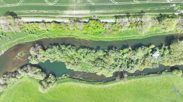 Top Down view of White Mill and Old Bridge over River Stour from a drone, Sturminster Marshall, Dorset, England