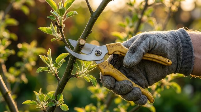 A dedicated gardener using pruning shears to trim a tree branch in the garden.