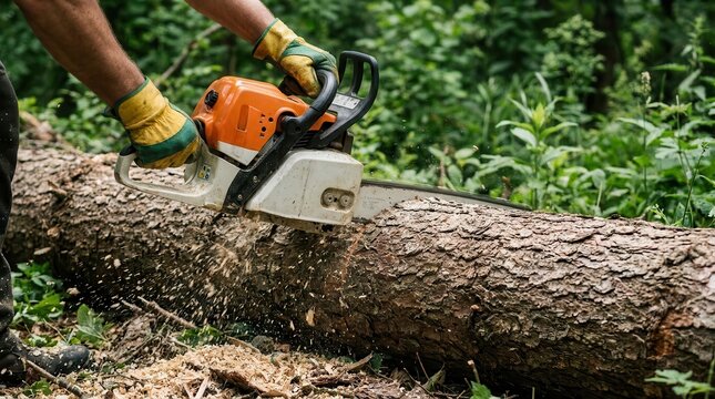 Close-up view of forestry work featuring adult hands operating an orange chainsaw on a fallen tree trunk.