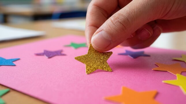 A hand places a glitter gold star sticker onto a pink educational chart paper to track progress.