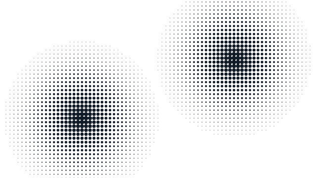 Two circular halftone patterns with dark blue dots on a black background, abstract digital for technology and data concepts