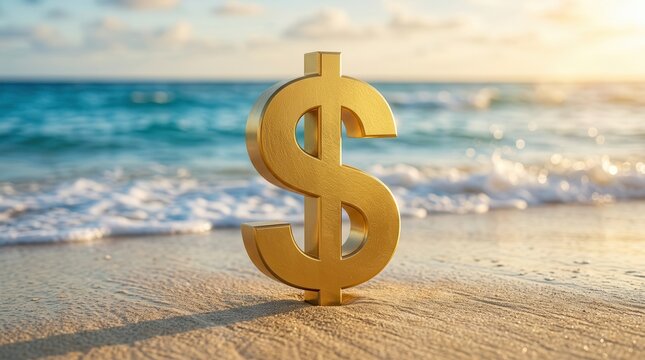 A golden dollar symbol stands on the sand of a tropical beach near blue ocean waves to illustrate expensive travel costs and holiday budget planning.
