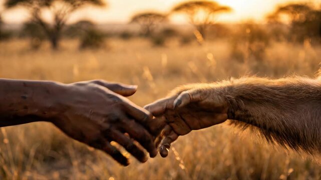 Human and ape hands clasping in a symbolic wildlife connection