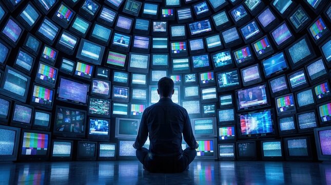 A man sitting surrounded by a multitude of television screens representing a concept of information overload and media saturation.