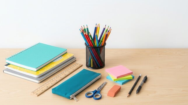 Schulmaterial mit Buntstiften, Heften, B&uuml;chern, Lineal und Federm&auml;ppchen auf einem hellen Holztisch.