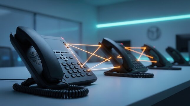 Row of office desk telephones connected by glowing network lines for business communication technology.