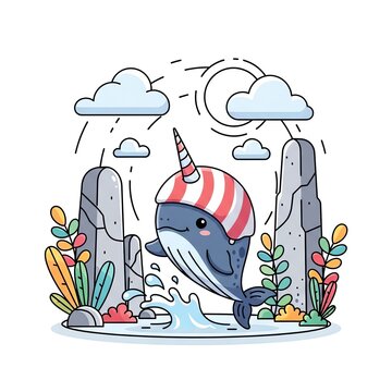 Cute Narwhal Wearing Striped Hat Jumping in Water.