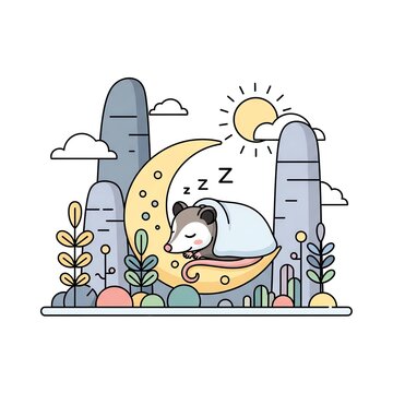 Cute Opossum Sleeping on Crescent Moon Illustration.