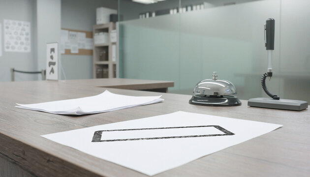 A professional reception desk featuring a service bell, pen, and empty forms. This modern office setting, with no people, evokes a feeling of calm efficiency, readiness, and corporate order.