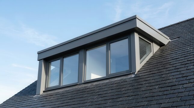 Modern roof dormer window installed on a dark slate roof against a blue sky.