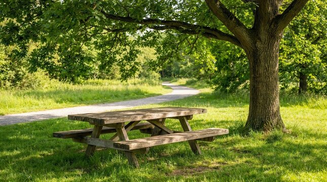 A sturdy wooden picnic table positioned under a large oak tree in a sunny park.
