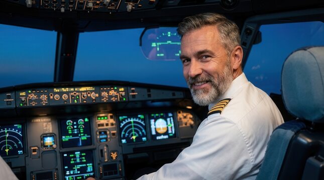 A smiling mature male pilot sits in a modern airplane cockpit while on duty.