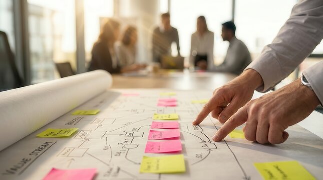 Hands analyzing a value stream mapping on a long paper roll in a bright office.
