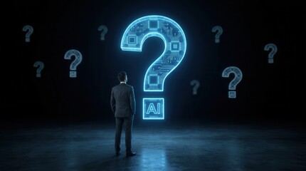 Plakat A businessman stands before a giant glowing digital question mark representing the unknown future of artificial intelligence and ethical dilemmas.