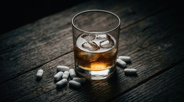 Glass of alcohol and white narcotic pills placed on a dark wooden table.