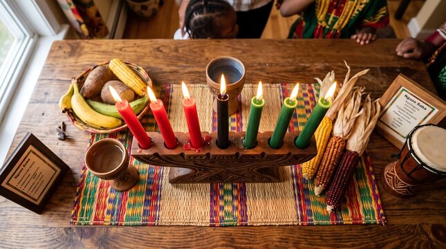 Family Gathering Celebrating Kwanzaa with Lit Traditional Candles on a Wooden Table