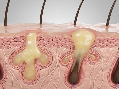 A cross-section illustration showing human skin layers, hair follicles, and sebum gland activity.