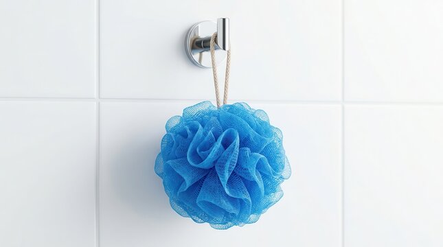 Blue mesh bath pouf hanging from a chrome hook on a clean tiled wall.