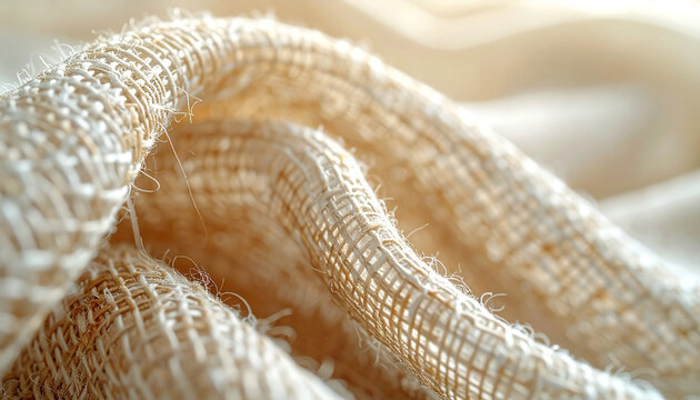 Textured Linen Fabric Close-up: A macro shot of beige linen fabric reveals its intricate weave and natural texture, highlighting the soft folds and organic feel.