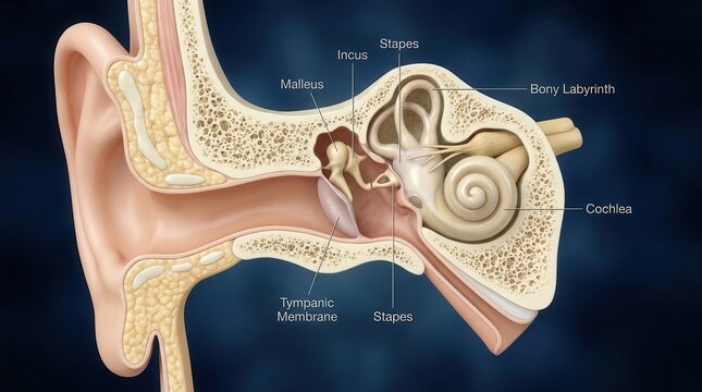 A detailed anatomical cross section showing the inner structure of the human ear.