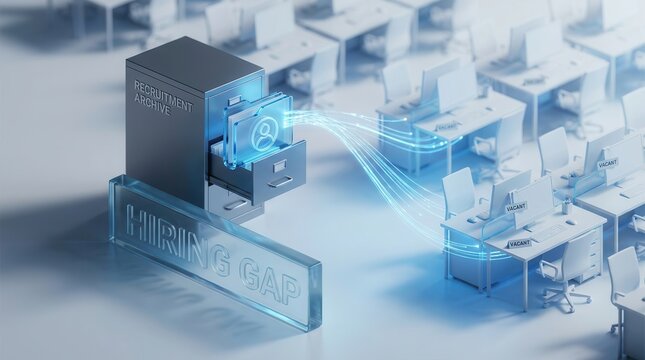 Recruitment archive drawer with digital profile icons and vacant office desks illustrating a hiring gap concept in a modern workspace.