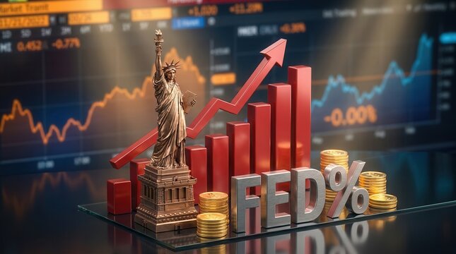 Federal Reserve rate hike impacting American market growth visualized in 3D.