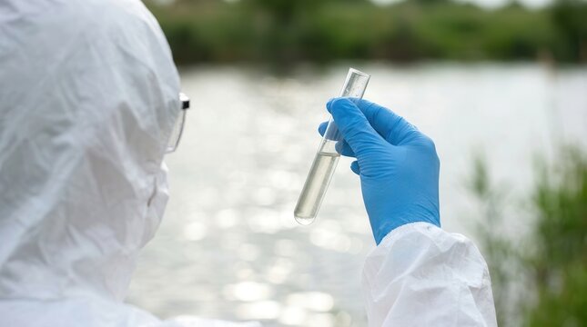 Environmental researchers in protective suits collect water samples in farmland for research and development.