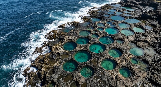Aerial view of natural rock pools and turquoise water along the rugged rocky coastal shoreline
