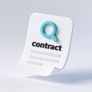 A stylized white document with a teal magnifying glass and contract text, symbolizing thorough review and analysis of agreements and legal documents, minimalist style.