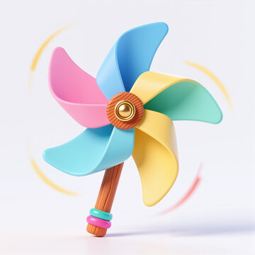 Five-petaled pinwheel with wooden center and handle, against a soft gradient background with yellow, red arcs, conveying a sense of dynamic motion, smooth modern illustration style.