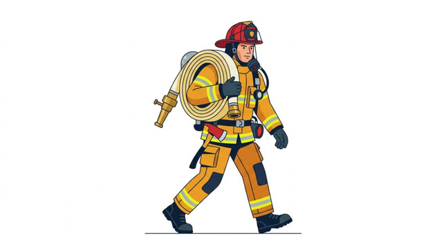 Firefighter in full protective gear carrying a fire hose vector illustration isolated on white background