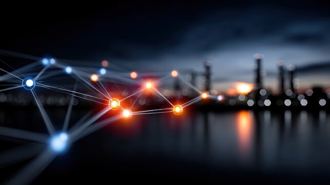 Industrial IoT connectivity over smart factory refinery at dusk