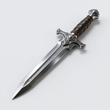 Intricately designed silver dagger on a light gray background, featuring a black and brown leather-wrapped handle, with a decorative silver pommel and guard in a realistic illustration style.