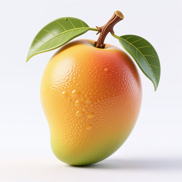 A colorful, textured mango is shown standing upright on a plain white surface, with a shadow cast beneath featuring a cut stem and green leaves.