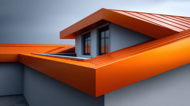 Modern architectural roof with orange metal standing seam