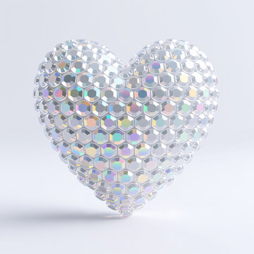 A heart-shaped design composed of multiple small, shiny, hexagonal gems against a plain white background, creating a sparkling and luxurious feel with soft subtle shadows.