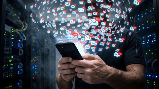 Man holding smartphone overwhelmed by floating email notification icons with unread messages badge inside a data center server room. Concept of digital communication overload.
