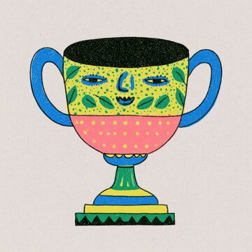 Colorful quirky trophy cup illustration with face and playful style