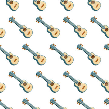 Seamless pattern with acoustic ukuleles on white background. Cute camping music print. 