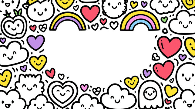 Colorful doodles of clouds, hearts, and rainbows with a blank center for creative use.
