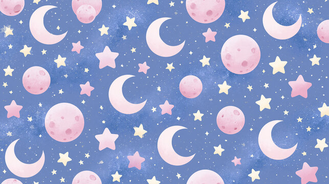 Whimsical pattern of moons and stars in soft pink against a dreamy blue background.