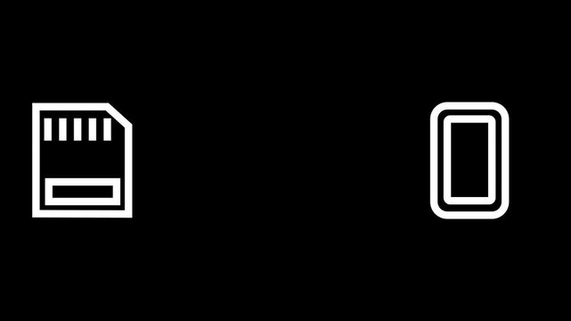 Animation of folder transferring from SD card to smartphone. White outline on black background loop.