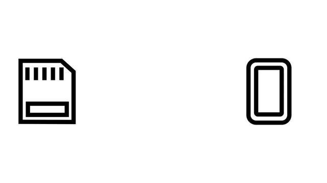 Animation of folder transferring from SD card to smartphone. Black outline on white background loop.