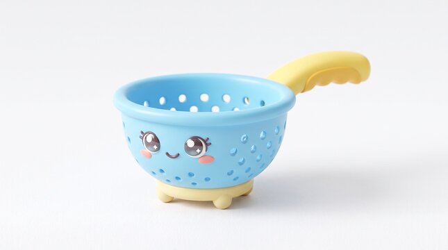 3D Image Cute blue colander with smiling face, star charm, playful kitchen design.