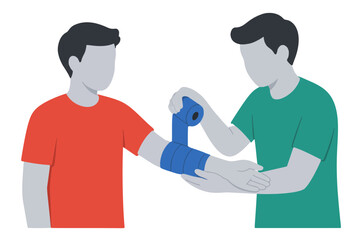 Fototapeta premium Helper Applying Bandage to Forearm for First Aid