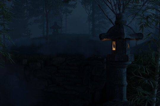 3d rendering of an old illuminated stone lantern at foggy night in front of shrine path