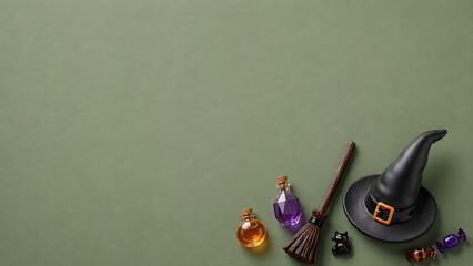 Fototapeta premium Halloween witch accessories on green background, spooky wizard hat with magic potion bottles, festive occult flat lay with copy space