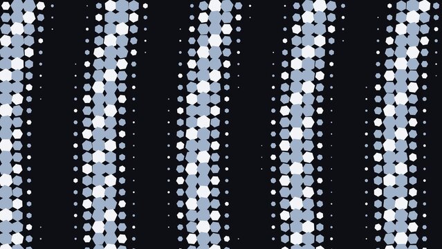 Abstract background, with vertical wavy, lines of hexagonal, shapes in shades, of light blue, and white against, a solid dark, black background texture