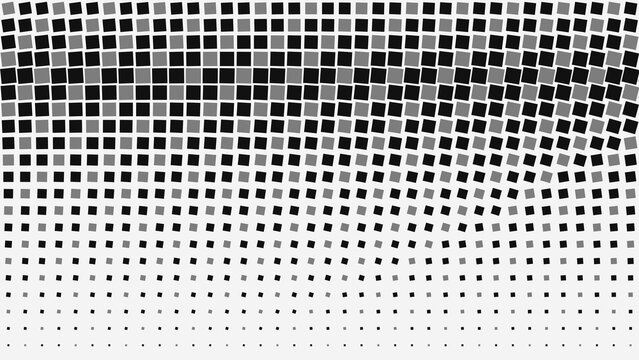 Abstract halftone pattern with black and grey square shapes, gradient transition from large to small squares on a plain white background
